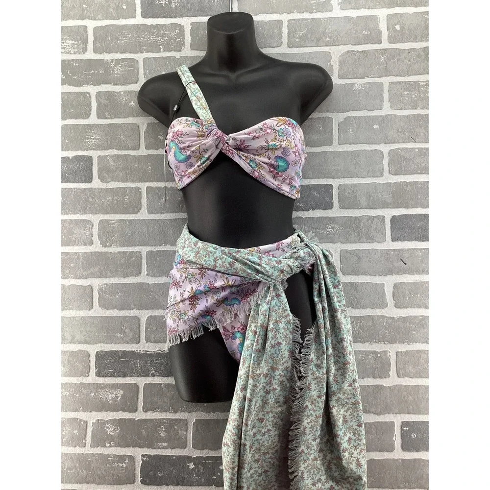 Blackbough Swim 3 Piece Bikini Set Lilac Floral One Shoulder Top Bottom Sarong